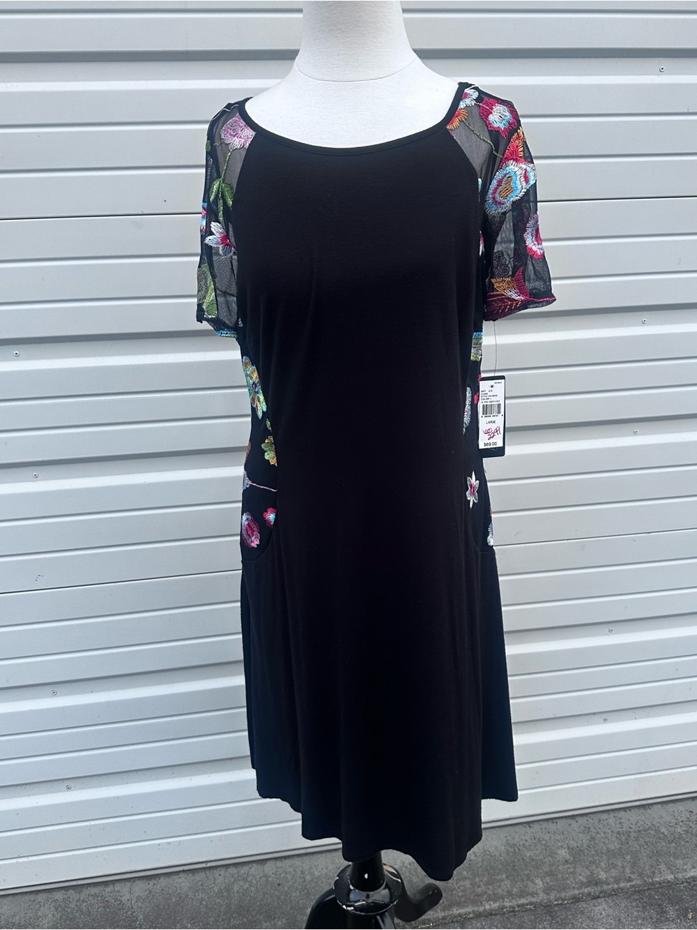 AGB Black Midi Dress with Multicolor Floral Mesh Sleeves